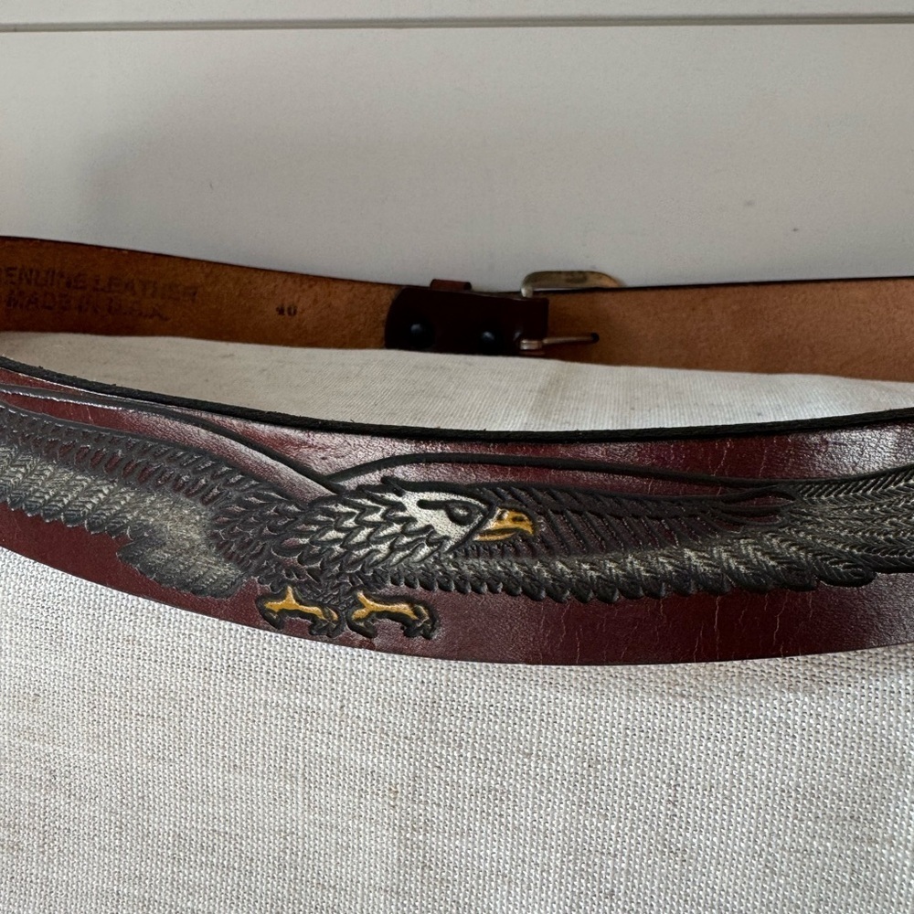 Men's Brown Tooled Bald Eagle Genuine Leather Belt - Picture 10 of 11